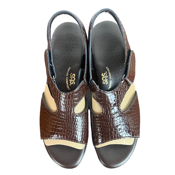 SAS Suntimer Sandals Women's 8 Narrow Brown Patent Leather Croc Block Heels - Picture 6 of 16